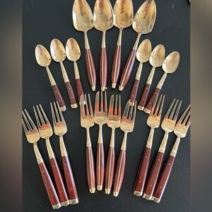 Vintage Mid Century Rosewood & Brass Dessert & Coffee Flatware – 20 Pieces